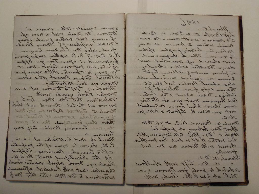 Color photograph of a hardback volume lying open showing two pages of diary entries in black-ink handwriting dated 8 March 1896 to 16 March 1896.